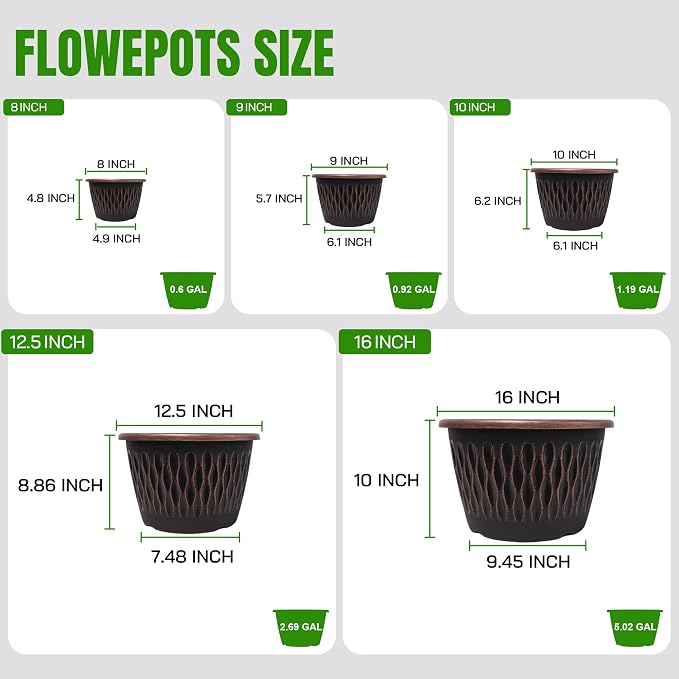 Usocik 4 Pack 10 Inch Retro Plant Pots, Vintage Striped Flower Pots with Drainage Hole & Saucer, Large Plastic Planters for Indoor and Outdoor Plants, Decorative Garden Pots(Copper)