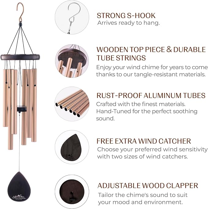 Gold Wind Chimes for Outside Deep Tone, 28 Inch Havasu Hand Tuned E Major Wind Chime, Adjustable Clapper, Aluminum Beech Wood Garden Patio Porch Decor, Memorial Housewarming Gift