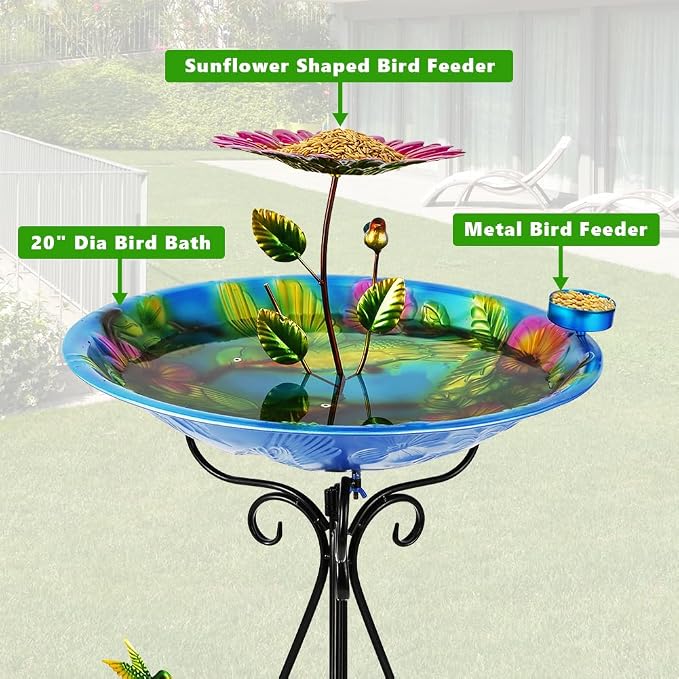 DREAMSOUL 20" Dia Bird Bath Stand Metal Birdbath with Folding Bracket, 2 in 1 Hummingbird Deep Bird Bath for Outside
