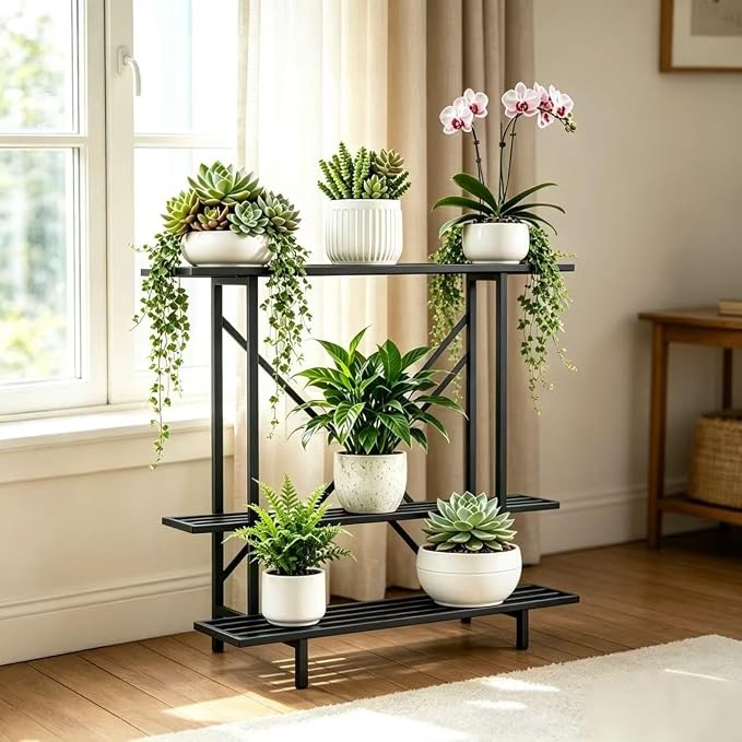 Zhongma 3 Tier Plant Stand Space-Saving Heavy Duty Plant Holder for Balcony, Home, Garden ,Metal Sturdy Plant Stand for Indoor and Outdoor