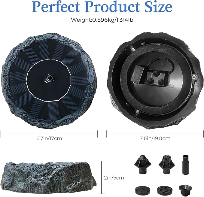 Solar Powered Bird Bath Fountain with Rock Texture, High-Strength Plastic Outdoor Birdbath, 6 Spray Patterns Solar Fountain Pump, Decorative Water Feature for Garden Decor 7.8" DarkGreen