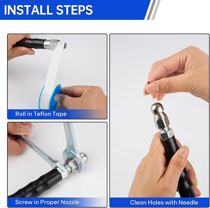 Sewer Jetter Kit 50FT for Pressure Washer, Pressure Washer Drain Jetter with 5800PSI Cleaner Hose 1/4 Inch NPT, Corner, Rotating & Button Nose Sewer Jetting Nozzle Spanner Waterproof Tape Pearl Pin