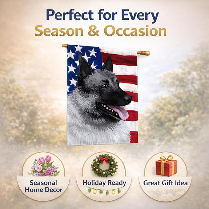Caroline's Treasures CK6631CHF Norwegian Elkhound Dog American Flag House Flag Large Porch Sleeve Pole Decorative Outside Yard Banner Artwork Wall Hanging, Polyester, House Size, Multicolor