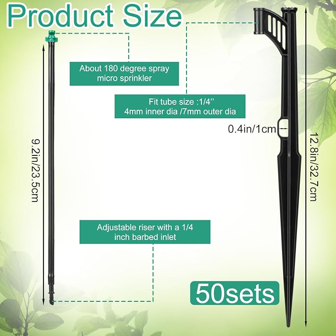 50 Pcs 12.8 Inch Drip Irrigation Stakes with 180 Degree Sprayer Emitters and Sprinkler Extension Riser 1/4 Inch Drip Line Sprinkler Support Stakes for Garden Watering System,Green