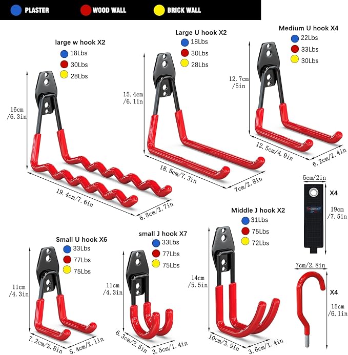 3-H Heavy Duty Garage Hooks, 31 Pack Wall Storage Organizer,Red