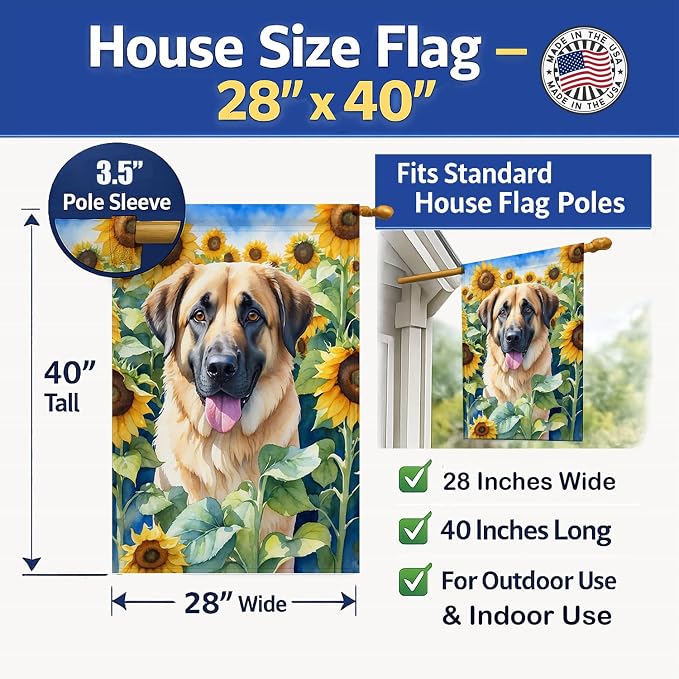 Caroline's Treasures DAC6012CHF Anatolian Shepherd in Sunflowers House Flag Large Porch Sleeve Pole Decorative Outside Yard Banner Artwork Wall Hanging, Polyester, House Size, Multicolor