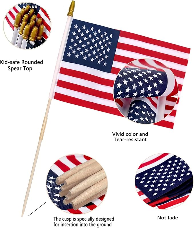 12 Pack 12x18 Inch American Flags for Outside on Stick, Vivid Color US Flags with Kid-Safe Spear Top, Patriotic 4th of July Decorations for Parades, Graves, Memorial Day, 250th Anniversary Yard Flags