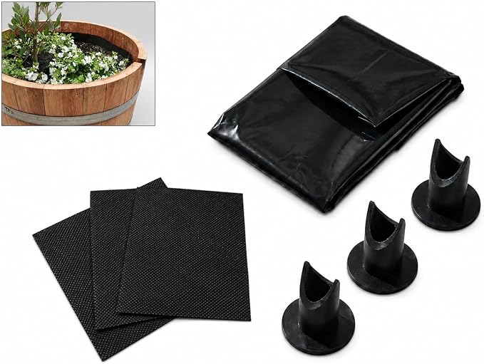Half Barrel Planter Liner Kit – Wine & Whiskey Barrel Planter Liner Bag with Drain Tube & Mesh – Heavy-Duty 100 Micron Plastic Liner for25-29 in Diameter Half Barrel Planters