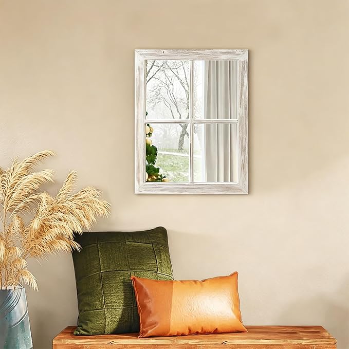 Farmhouse Window Pane Mirror, Washed White, 18 X 23 Inch | Hanging Rectangle Faux Window Mirrors, Handmade Rustic Wood Framed Windowpane Mirror for Kitchen, Horizontal or Vertical