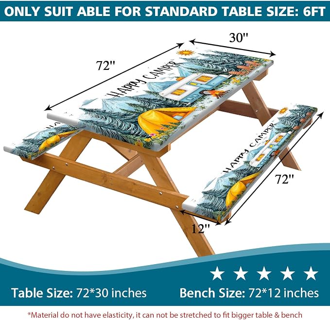 Picnic Table Cover with Bench Covers Elastic Edges, Camping Essentials Waterproof Windproof Camping Tablecloth with Drawstring Bag, Fitted Rectangle Tables and Seats, 30x72in