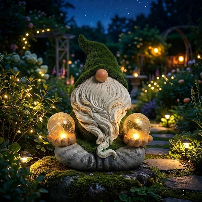 TERESA'S COLLECTIONS Garden Gnomes Decor with Solar Lights, St Patricks Decorations for Outdoor Decor,Resin Flocked Zen Garden Decor Outdoor for Porch Patio, Yoga Gnome Gifts for Women and Men, 8"