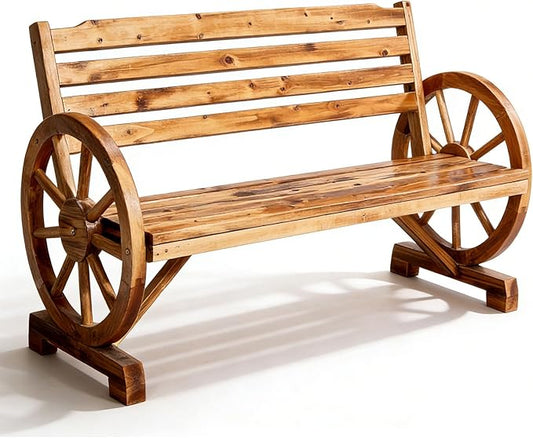 VINGLI Rustic Wooden Wheel Bench Outdoor Bench, Patio Bench Wagon Slatted Seat, Garden Benches for Outdoors 350lbs High Capacity, Weather Resistance (Teak, 55in)