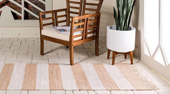 Unique Loom Chindi Rag Collection Area Rug - Striped (2' 2" x 8' Runner, Beige/ Ivory)