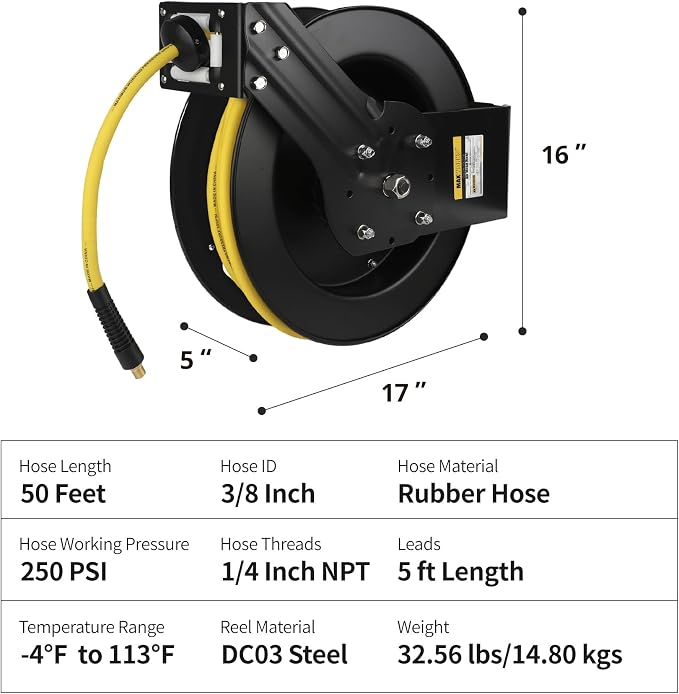 MaxWorks Retractable Air Hose Reel - 3/8 x 50 ft Hybrid - 250 PSI (51240)