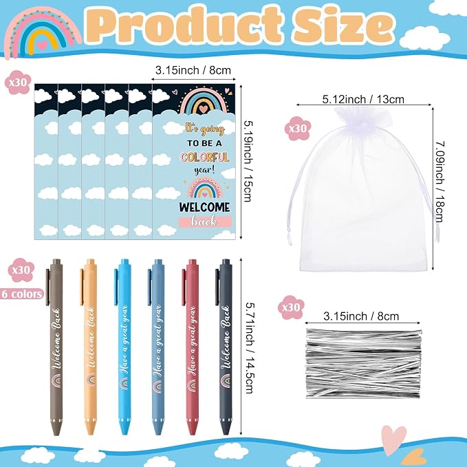 Marspark 30 Set Boho Welcome Back to School Gifts Bulk Rainbow Ballpoint Pens and Greeting Cards Set with Bags Twist Ties First Day of School Gifts for Teacher Student Classroom Party Favors Supplies