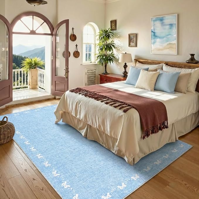 COZYLOOM 9x12 Bow Rug for Bedroom, Large Printed Nursery Rug with Non Slip Backing, Stain Resistant Non Shedding Modern Farmhouse Rugs Low Pile Soft Bordered Carpet for Bedroom, Dining Room, Blue
