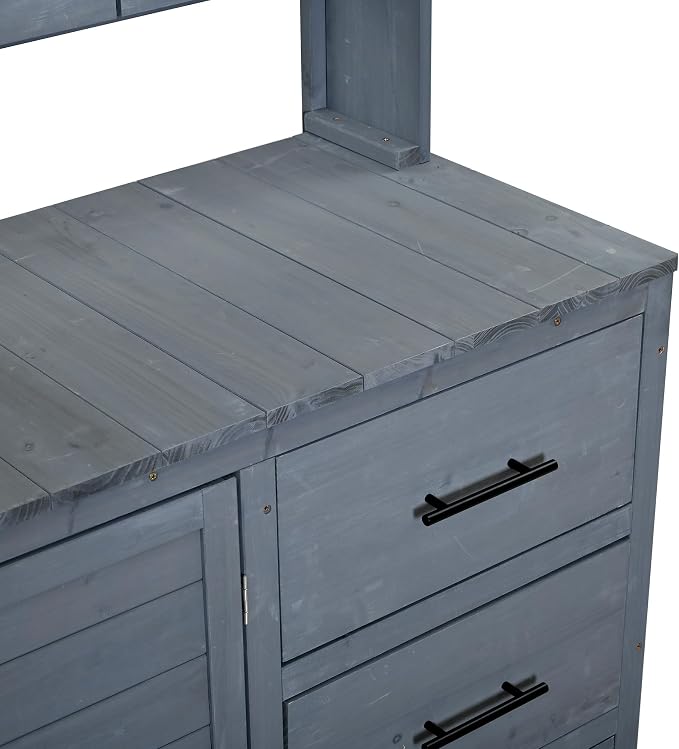 Merax Farmhouse Potting Bench with 6 Drawers, 44.6” Large Garden Workstation, Outdoor Kitchen Island with Bottom Cabinet & Hooks, Freestanding Patio Furniture,Gray