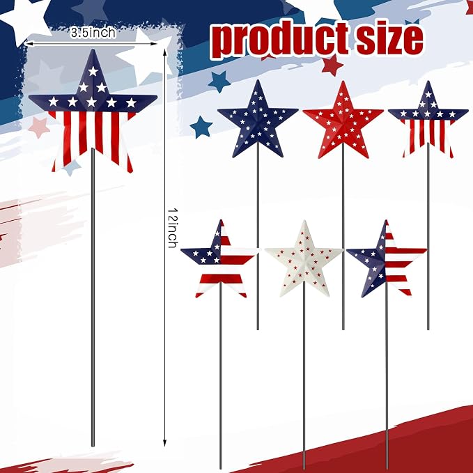 Pickmesh 6 Pcs 12" H 4th of July Outdoor Decor Patriotic Metal Yard Sign Star Red White Blue Garden Stake USA Flag American Yard Sign for Memorial Day Independence Veterans Labor Day Decoration