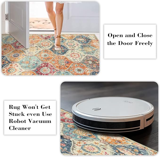 Lahome Moroccan Washable Round Area Rug, Soft Round Rugs 6ft Ultra-Thin Non-Slip, Vintage Distressed Large Circle Carpet for Bedroom Living Room Kitchen Nursery Elise, Burnt Orange
