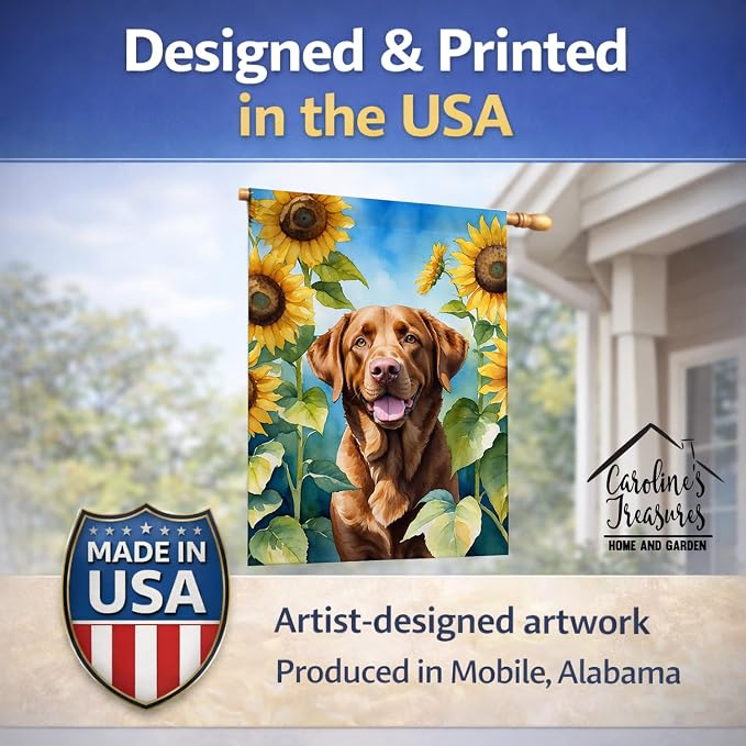 Caroline's Treasures DAC6050CHF Chesapeake Bay Retriever in Sunflowers House Flag Large Porch Sleeve Pole Decorative Outside Yard Banner Artwork Wall Hanging, Polyester, House Size, Multicolor
