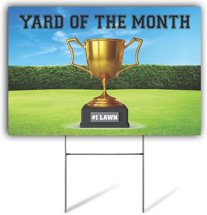 SignPro Yard of The Month Lawn Sign | Trophy Award Yard Sign | #1 Lawn of the Month Sign | 18" x 12" Corrugated Plastic Yard Signs with H Stakes | Double Sided