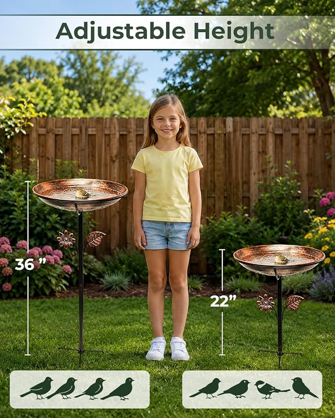 13" Metal Bird Bath for Outside | Rust-Resistant Outdoor Birdbath Bowl with Stake | Adjustable Height Garden Bird Bath, Removable Bowl,Easy to Clean for Yard Lawn Decor