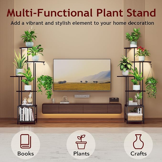 Homsorout Plant Stand Indoor with Grow Light - 6-Tier Metal Plant Shelf with Hanging Basket Hook, Corner Tall Flower Holder for Multiple Plants, Living Room Balcony Garden Patio, Black