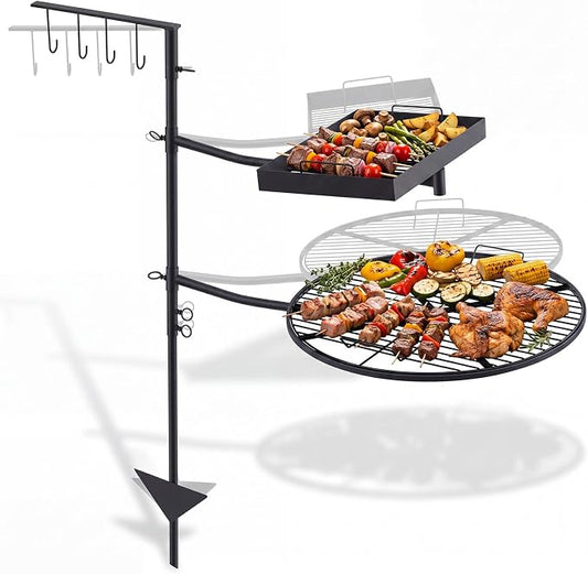 22" and 16"x10.5" Fire Pit Campfire Grill Grate Foldable Round and Rectangular Grill Grate Open Fire Cooking Portable Camping Barbecue Rack Heavy-duty Easy Setup & Adjustable Height for BBQ