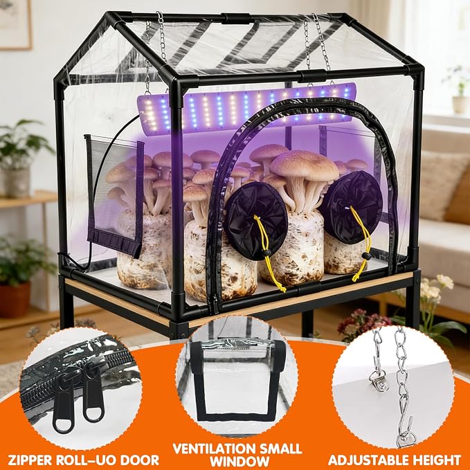 Mushroom Grow Tent Still Air Box for Mycology Mushroom Grow Bags, Clean Air Workstation with Blue White Growing Light, 2 Spray Bottle, Waterproof Mat for Grow Bags, Growers, Home Scientists