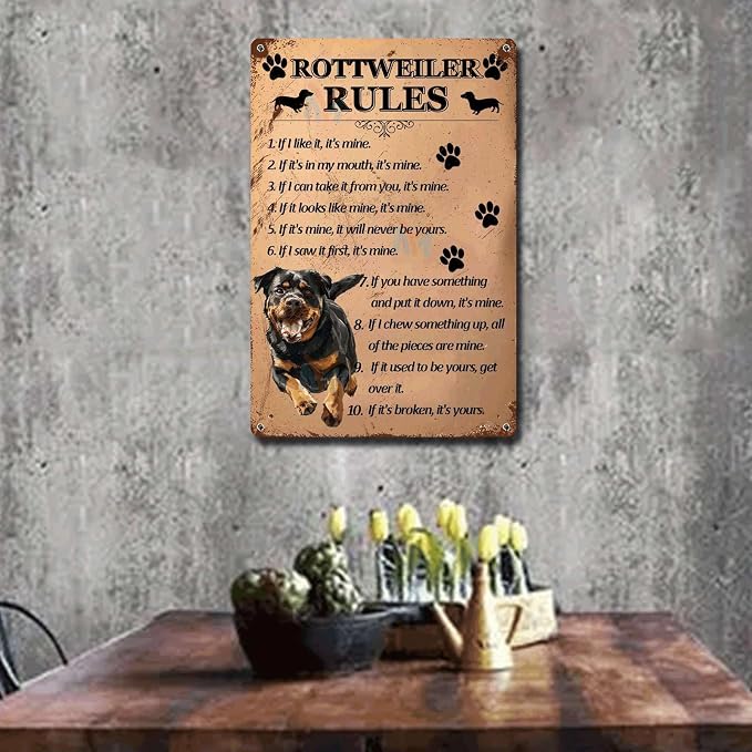 Metal Sign Tin Sign Vintage Wall Art Rottweiler Rules Funny Outdoor Decor for Bar 12×16 Inches