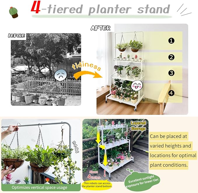 lumizone Foldable 4-Tier Plant Stand With Wheels Indoor Outdoor White | Hanging Plant Shelf No Assembly Required Pot Placement Area Sturdy Fall Prevention Storage Shelf Flower Pot Stand