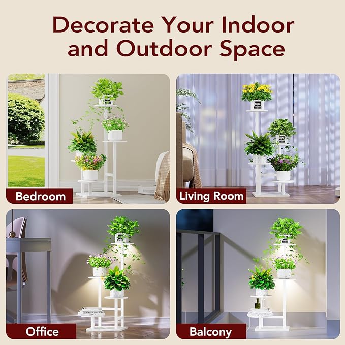 Homsorout Plant Stand Indoor with Grow Light, 4-Tiered Tall Plant Stand Indoor, Metal Plant Shelf with Adjustable Light, Ideal for Living Room, Garden, Patio white