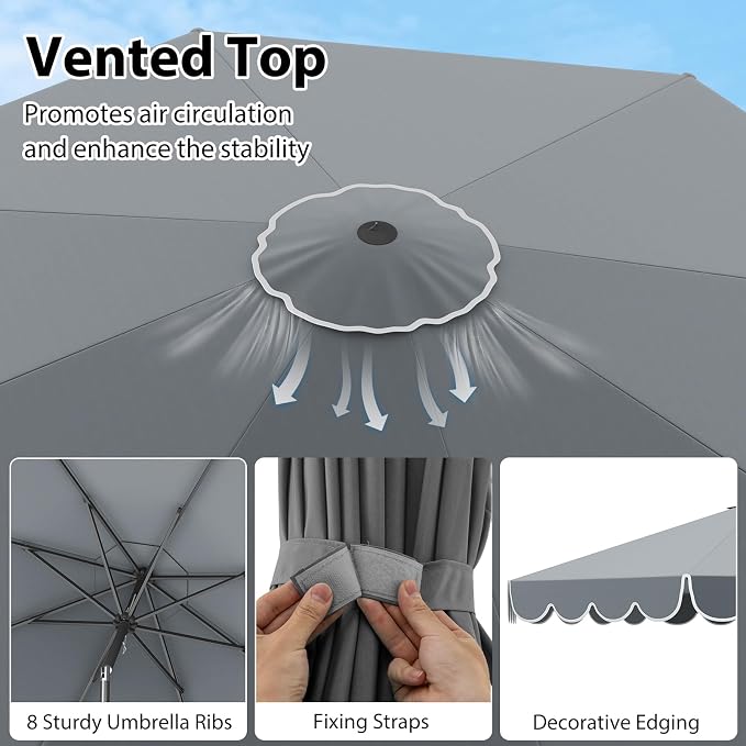 HAPPYGRILL 10 FT Patio Umbrella, Market Table Umbrella w/Crank, Push Button Tilt, Ruffled Edges, Vented Top & 8 Ribs, Outdoor Sun Shade for Poolside Backyard Beach