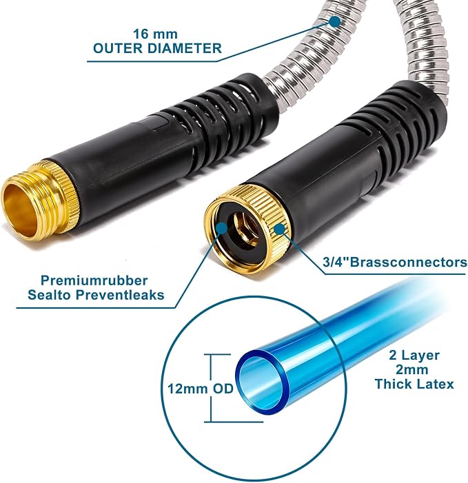 Metal Garden Hose 75 ft x 5/8 in OD with 10 Pattern Sprayer Nozzle, Stainless Steel Water Hose, Non Expandable Flexible Kink Resistant Heavy Duty Hose for Yard, Car Washing and Pet Bath