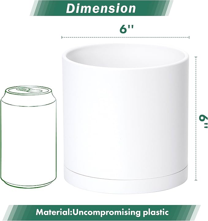 D'vine Dev 2 Pack 6 Inch Modern Plastic Plant Pots, Small Garden Planters for Plant with Drainage Holes and Saucers, White Color, 74-Z-J-1