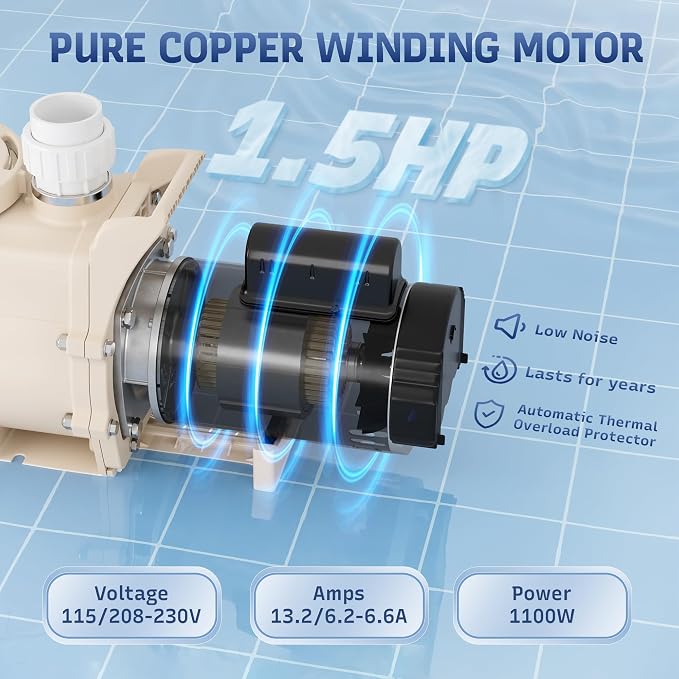 1.5 HP Pool Pump, 6815 GPH High Flow Self Primming Pool Pump Inground, 115V/230V, Low Noise Swimming Pool Pump In/Above Ground with Filter Basket and 2"/1.5" Fittings