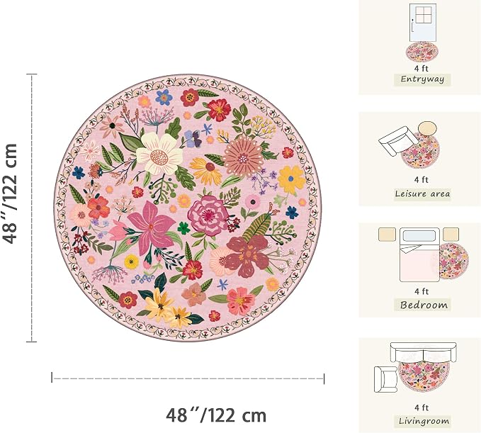 Latte&Fog 4ft Pink Round Area Rug for Girl Bedroom Washable Cute Circle Rug | Non Slip Low Pile Soft Floral Small Carpet for Kids Playroom Nursery Classroom Dorm Decor Dining Kitchen Farmhouse Office