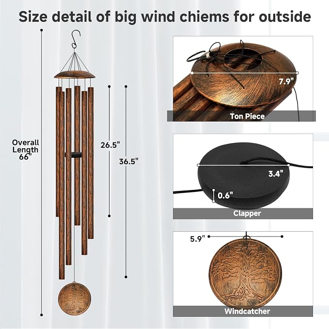 66" Extra Large Wind Chimes for Outside Deep Tone, 6 Thick and Bold Aluminum Tubes Relaxing Melody with Vintage Tree of Life Windcatcher for Garden Patio Decor, Great Gift Idea for Mother's Day