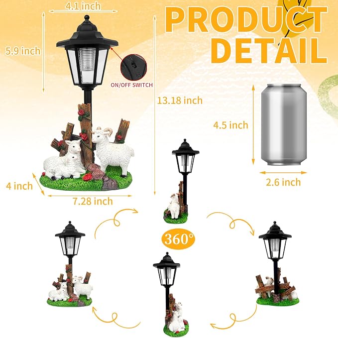 Solar Sheep Garden Outdoor Decor, Farmhouse Sheep Statue with LED Lantern, Decorative Lawn Lights Waterproof Resin Animal Figurine for Yard Patio Pathway Landscape Gift for Mother's Day