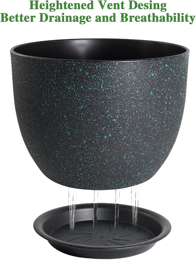 UOUZ 12/10/9 Large Modern Plant Pots, Plastic Planters with Drainage Holes and Saucers for Indoor Outdoor Plants Flowers, Black with Green Speckles
