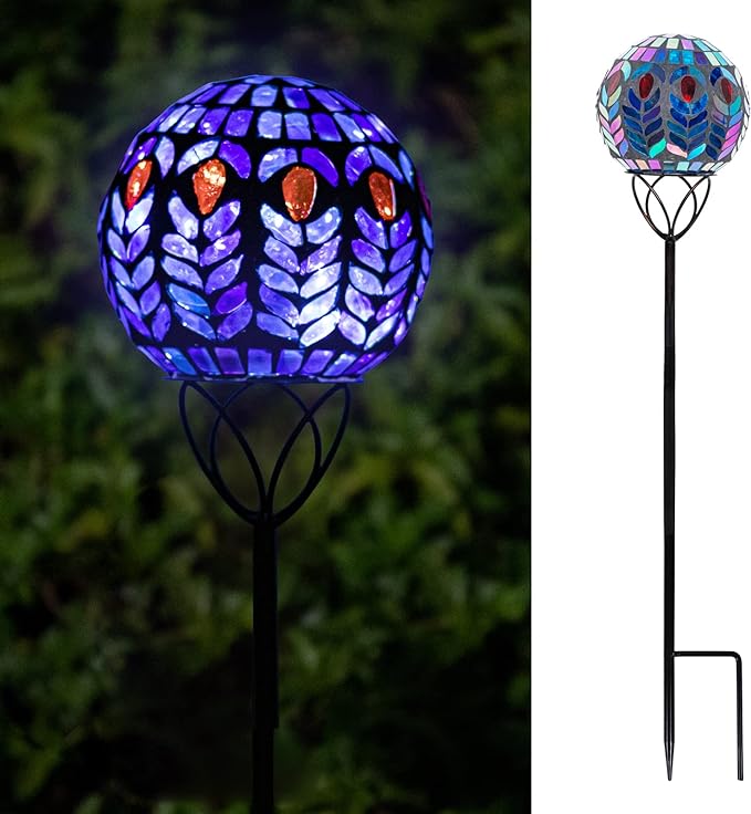 VCUTEKA Decorative Solar Garden Lights, 6" Mosaic Globe Outdoor Stake | Mosaic Glass Design with Solar Light, Weather Resistant, Auto On/Off and Metal Stake Design For Lawn and Patio, Black