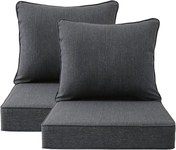 Unimatta Outdoor Patio Chair Cushions Set, 24" x 24"(24x24 Back), Set of 2, Water-Repellent, Fade Resistant, Deep Seat Bottom and Back Cushion for Backyard, Couch, Sofa, Charcoal