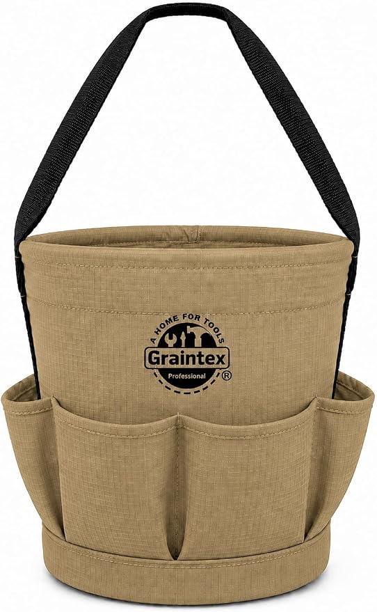 Graintex Tapered Canvas Bucket 12"x10"x15", Utility Tool Bucket 6 Pockets Outside, Reinforced Base & Carry Handle, Ripstop Canvas, Multi-Purpose Bag for Jobsite & Home Use