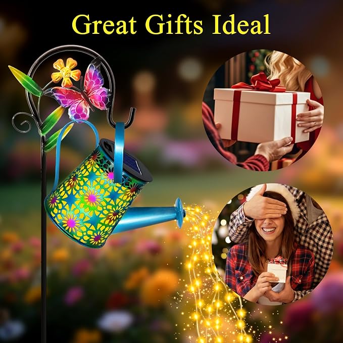 Solar Lights Outdoor Decorative, Blue Metal Solar Watering Can Lights Waterproof, Gifts for Women Mom Birthday, Hanging Lantern Decoration Garden Decor Yard Light for Outside Patio Lawn Porch