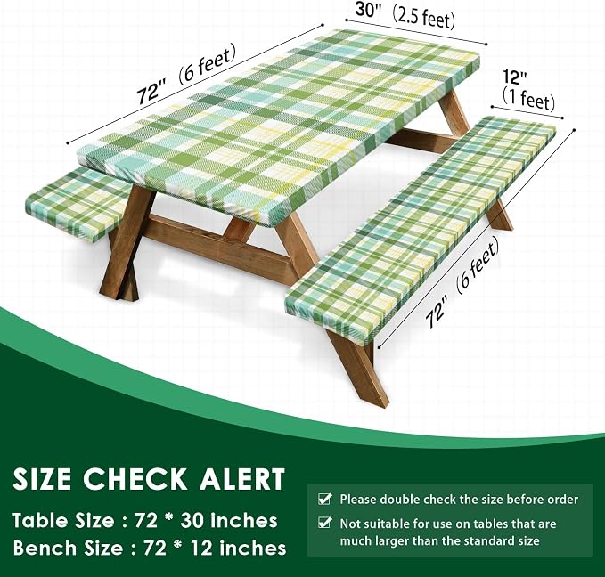 Picnic Table Cover with Bench Covers Elastic Edges, Green Camper Fitted Table Cover, Outdoor Patio Camping Essentials 72 Inch 3PCS, Waterproof Camping Fitted Tablecloth with Drawstring Bag