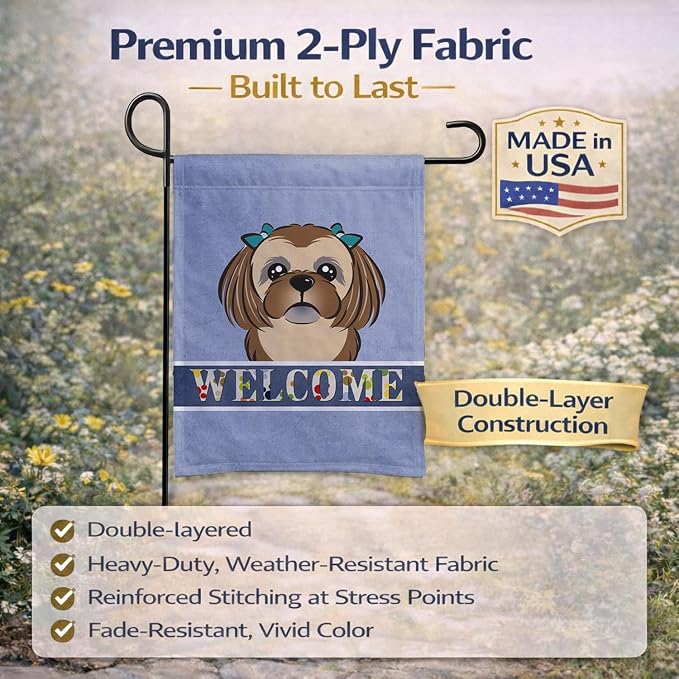 Caroline's Treasures BB1435GF Chocolate Brown Shih Tzu Welcome Garden Flag, Blue Mailbox Flag Decorative Yard Flag Banner Outside Patio Artwork Yard Flower Beds, Garden Size, Multicolor