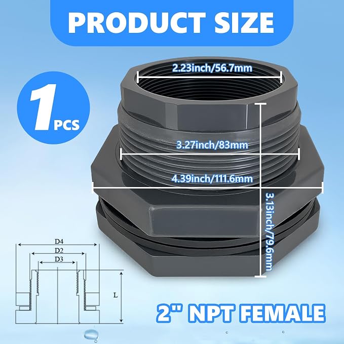1 Pcs 2 Inch Bulkhead Fitting PVC - Heavy-Duty Plumbing Kit for Water Tank, Aquariums, Rain Barrels & Pools with Reinforced Seals (Female/Internal Thread, Requires 3-1/2" Hole Saw)