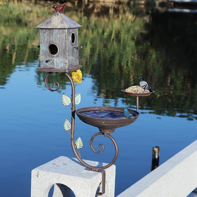 HLQMFHT Deck Bird Bath, 3 in 1 Metal Bird Bath and Bird Houses, Decorative Deck Mounted Bird Baths, Detachable and Adjustable Sturdy Deck Bird Bath for Outdoor Porch Yard Garden Decoration