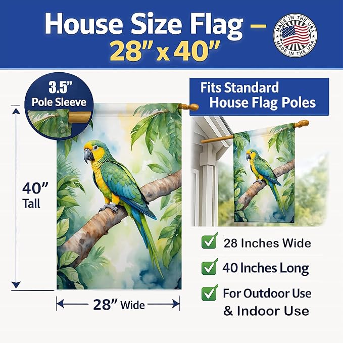 Caroline's Treasures Yellownaped Amazon Parrot House Flag Large Porch Sleeve Pole Decorative Outside Yard Banner Artwork Wall Hanging, Polyester, House Size, Multicolor