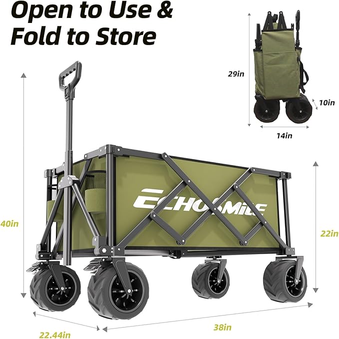EchoSmile Collapsible Folding Wagon Cart with Compact Storage - 400Lbs Capacity All Terrain Utility Cart for Camping, Beach, Grocery, Garden,Green